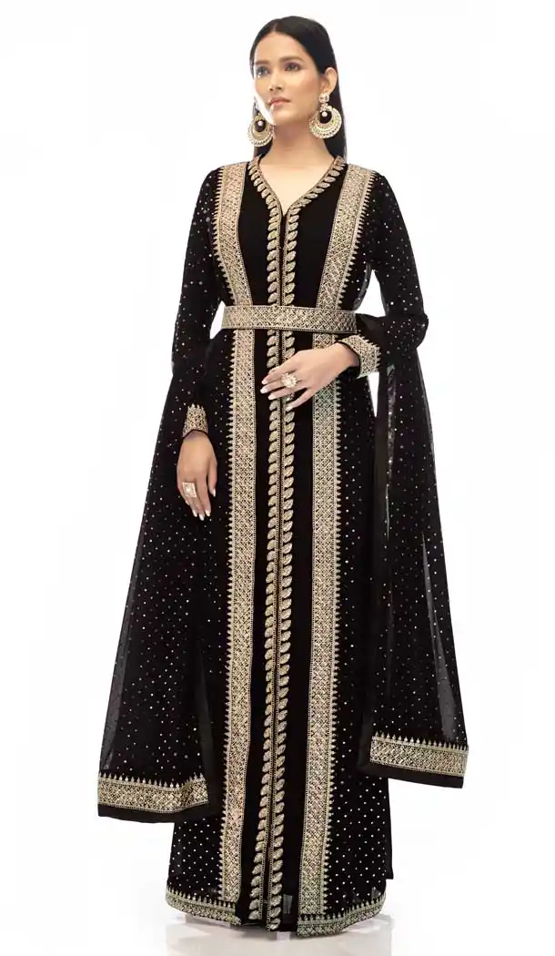 Hand Stone Work Georgette Black Color Party Wear Long Salwar Kameez -4728157029