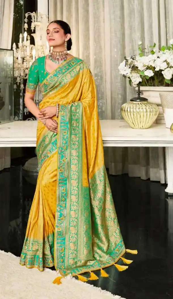 Jacquard Work Fancy Yellow Color Designer Wear Women Saree Blouse -4730157040