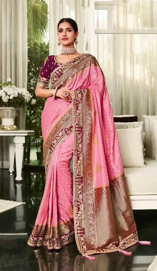 Jacquard Work Fancy Pink Color Designer Wear Women Saree Blouse -4730157041