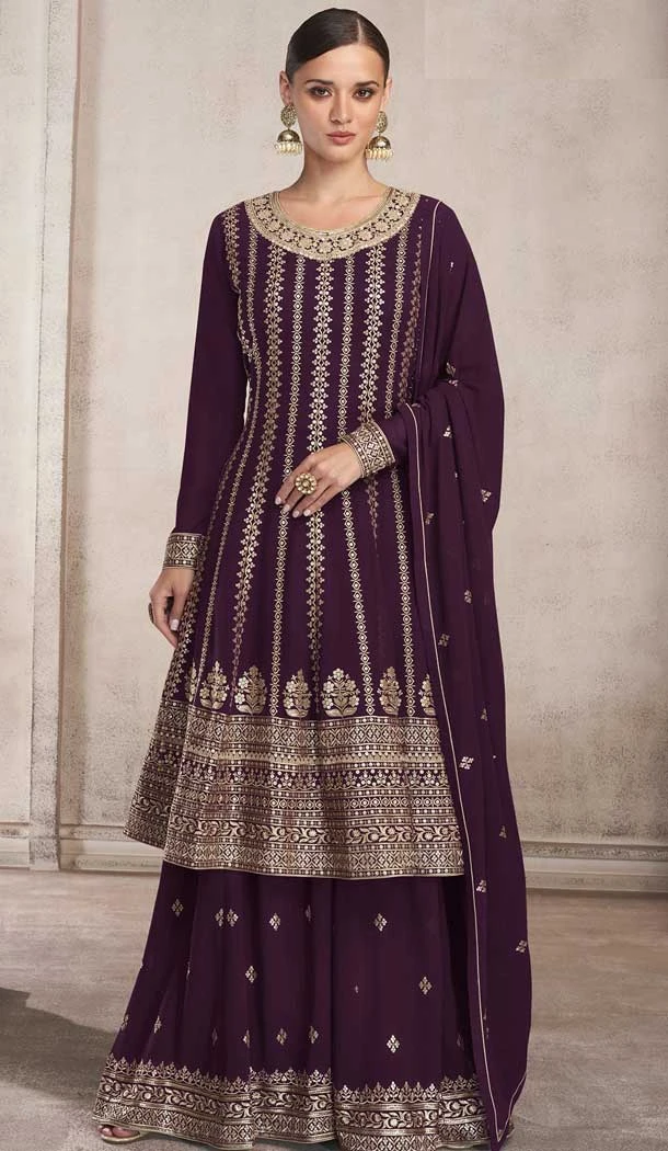 Fox Georgette Heavy Embroidery Work Palazzo Style Suits in Wine Color -4756157290