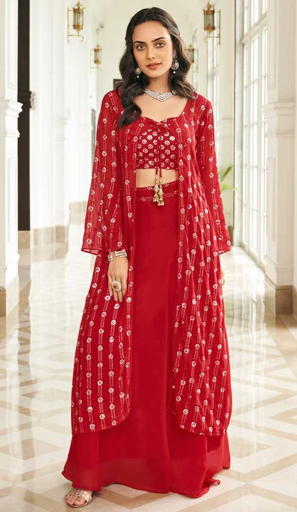 Red Color Pure Fox Georgette Embroidery Work Pakistani Style Palazzo Suit -4761157331