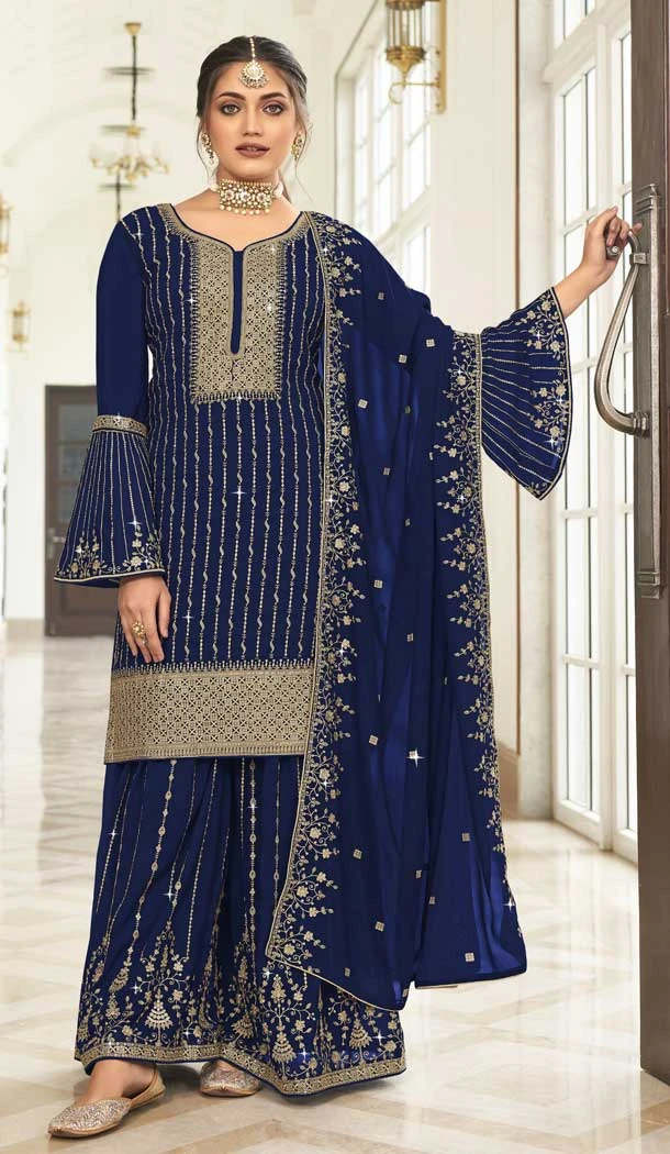 Diamond Work Fox Georgette Navy Blue Color Pakistani Style Palazzo Suit -4769157378