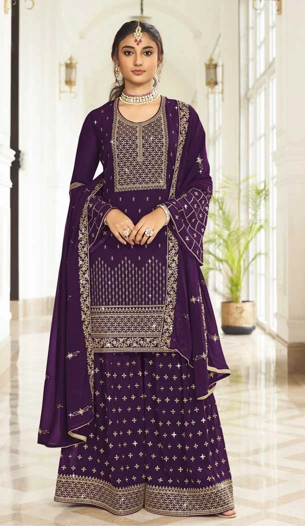 Diamond Work Fox Georgette Wine Color Pakistani Style Palazzo Suit -4769157379