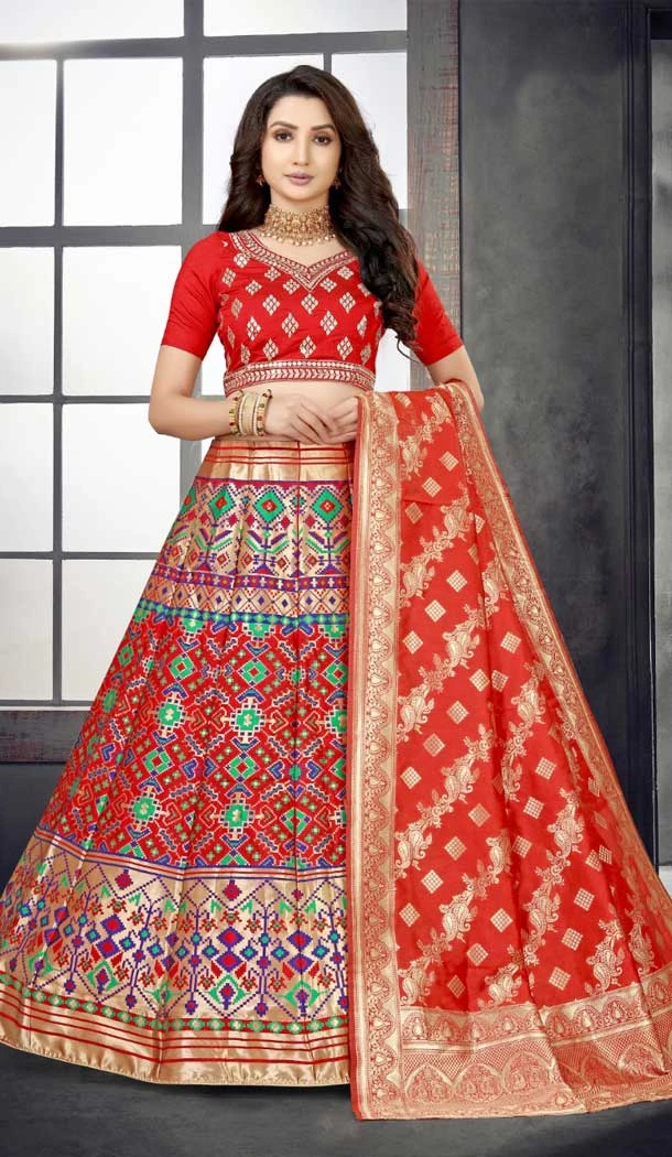 Banarasi Meenakari Red Color Jacquard Work Party Wear Women Lehenga Choli -4779157469
