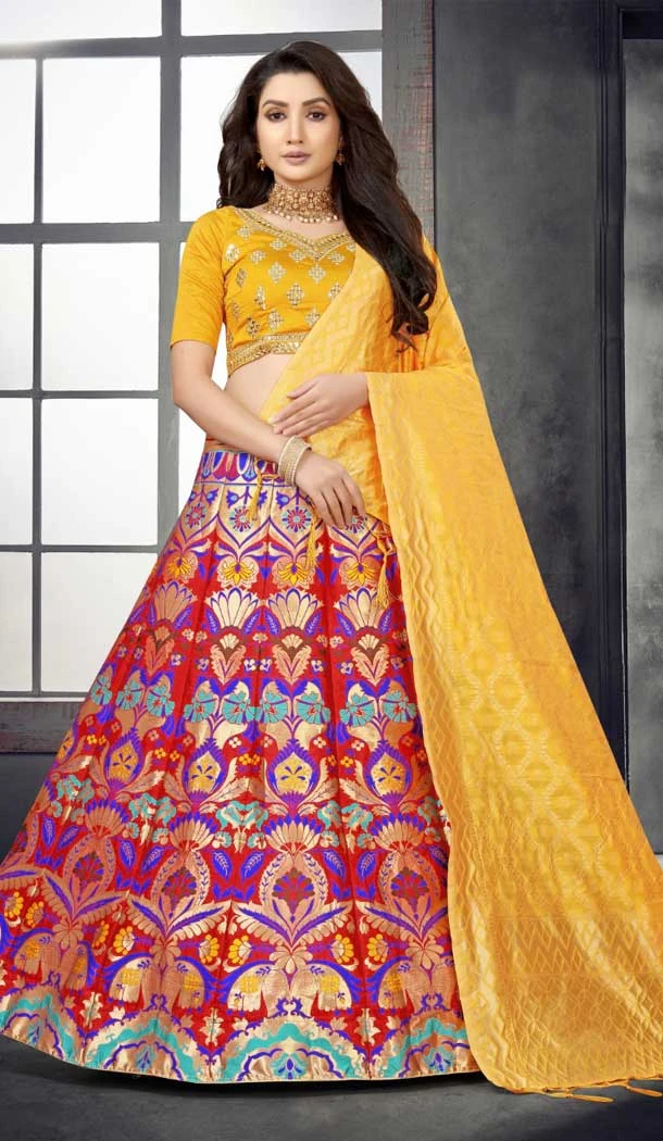 Banarasi Meenakari Yellow Color Jacquard Work Party Wear Women Lehenga Choli -4779157470