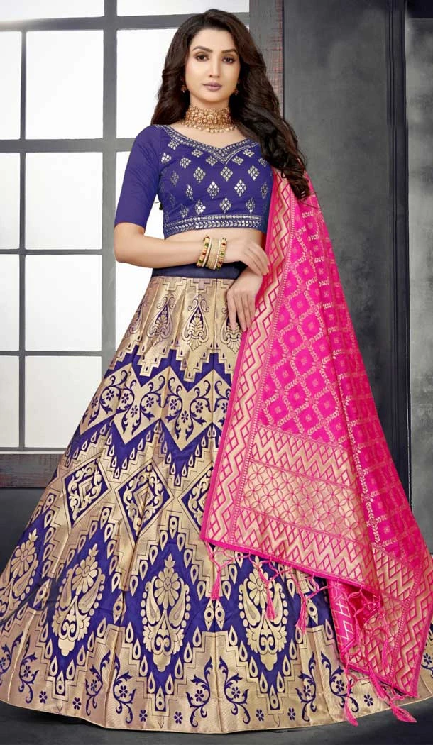 Banarasi Meenakari Blue Jacquard Work Party Wear Women Lehenga Choli -4779157473