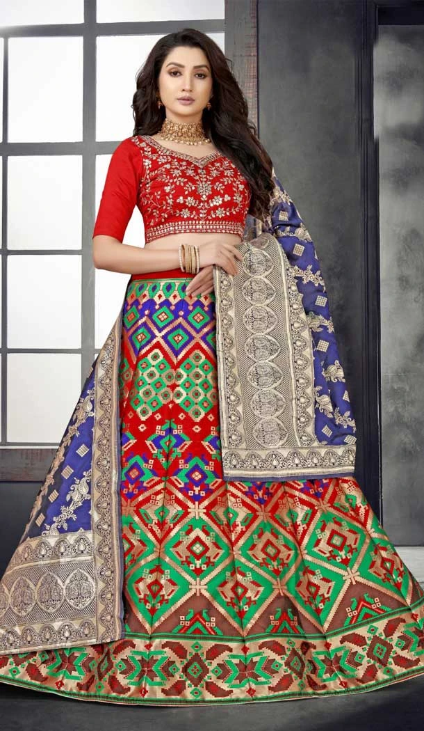 Sparkling Banarasi Meenakari Red Jacquard Work Party Wear Women Lehenga Choli -4779157475