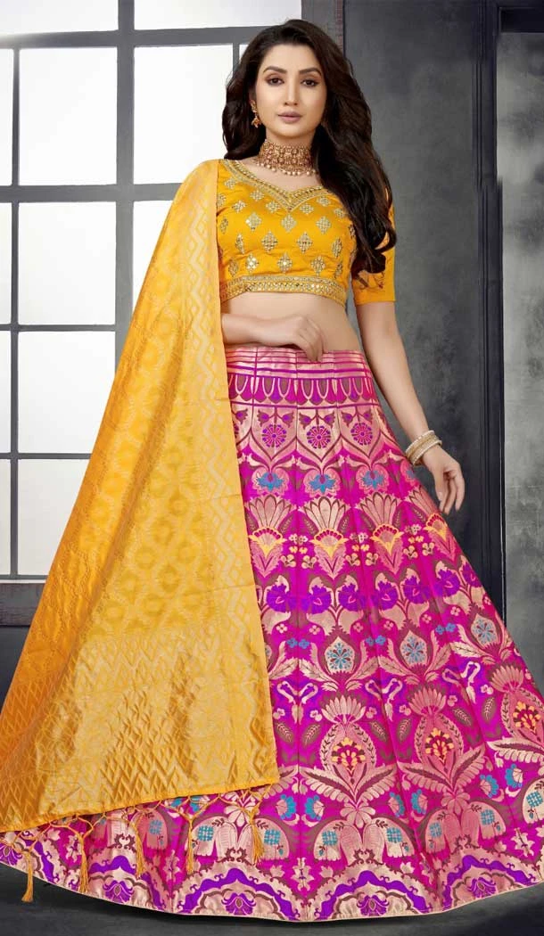 Banarasi Meenakari Pink Jacquard Work Party Wear Women Lehenga Choli -4779157476