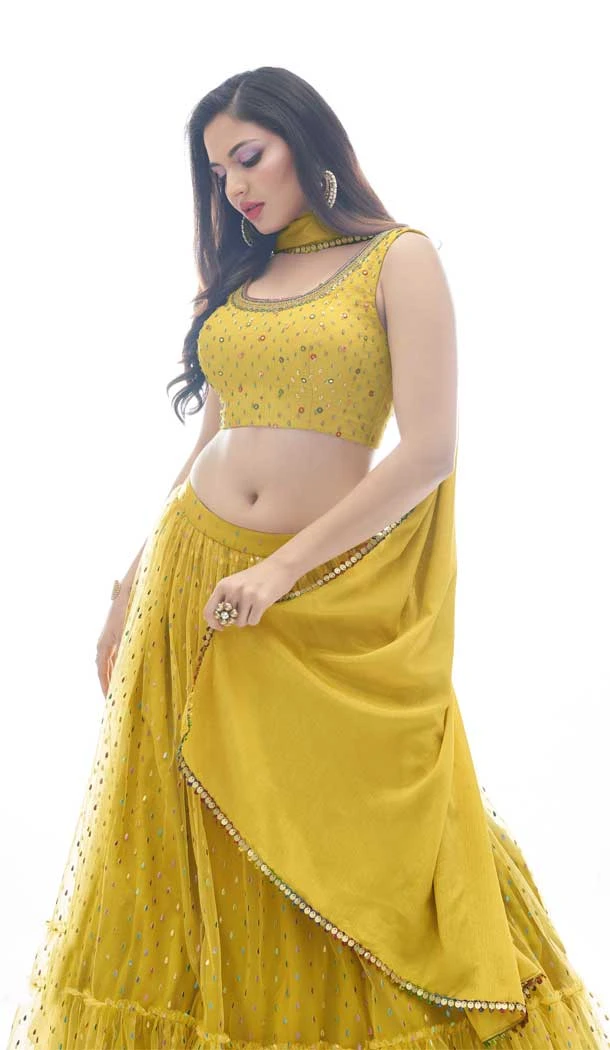 Soft Net Hand Work Mustard Color Plus Size Designer Lehenga Choli -4781157490