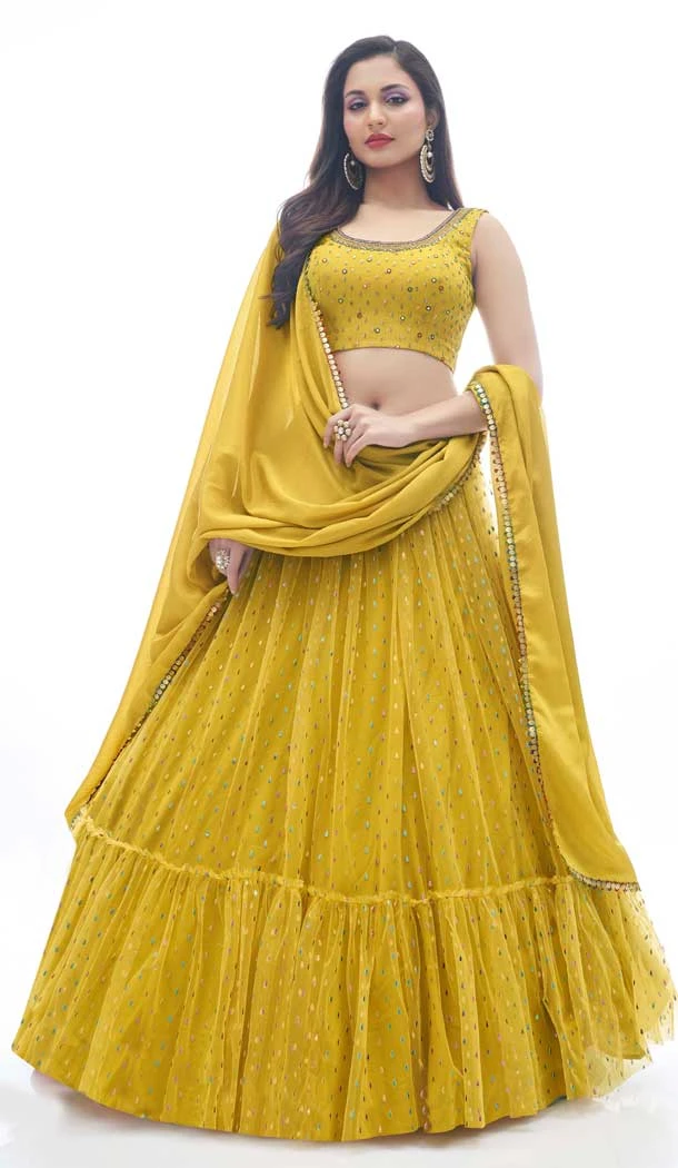 Soft Net Hand Work Mustard Color Plus Size Designer Lehenga Choli -4781157490