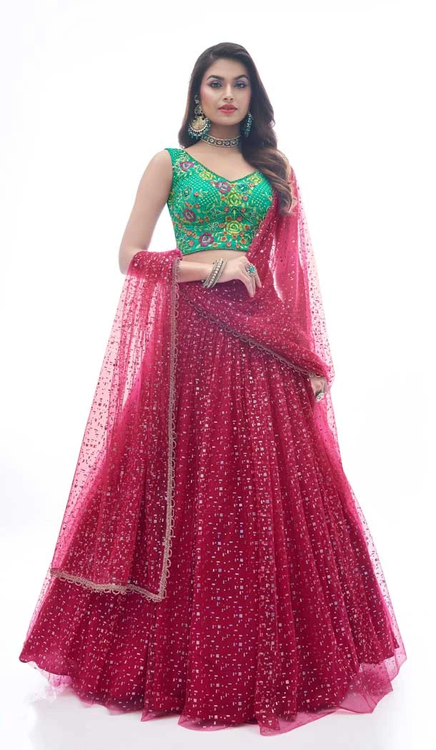 Soft Net Hand Work Rama Green Color Plus Size Designer Lehenga Choli -4781157493