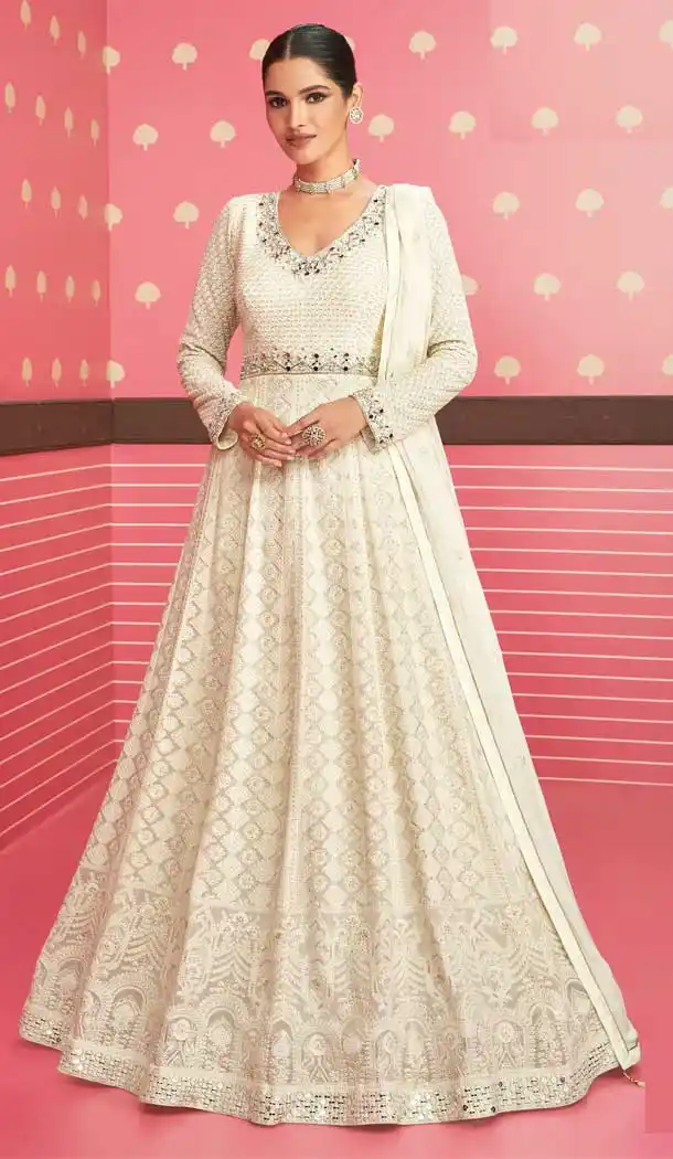 Georgette Embroidery Work Pakistani Style Salwar Kameez in White Color -4804157682