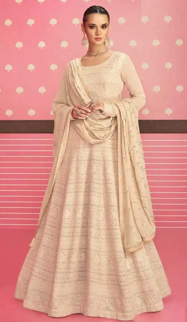 Georgette Embroidery Work Pakistani Style Salwar Kameez in Cream Color -4804157683