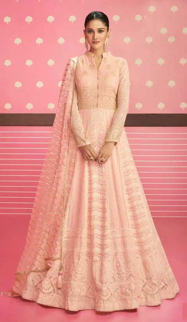 Georgette Embroidery Work Pakistani Style Salwar Kameez in Peach Color -4804157684