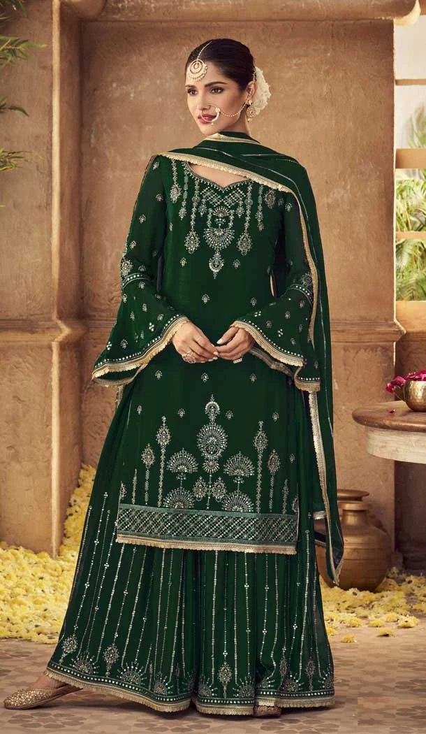 Green Color Fox Georgette Heavy Embroidery Party Wear Palazzo Salwar Suit -4822157825