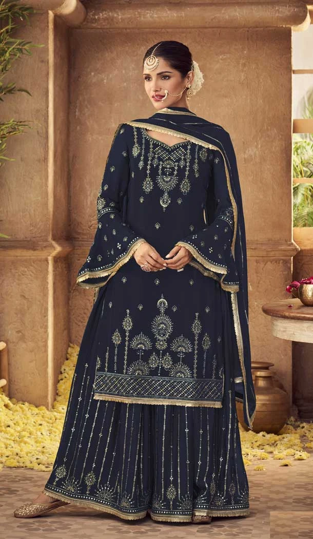 Navy Blue Color Fox Georgette Heavy Embroidery Party Wear Palazzo Salwar Suit -4822157826