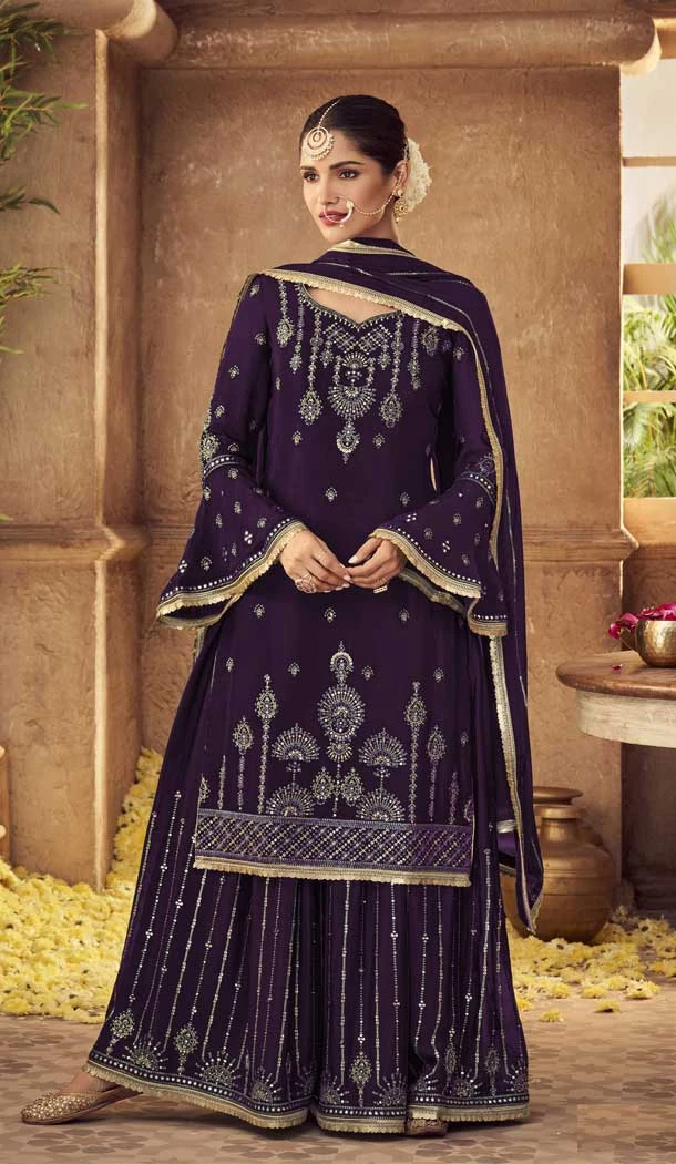 Purple Color Fox Georgette Heavy Embroidery Party Wear Palazzo Salwar Suit -4822157827
