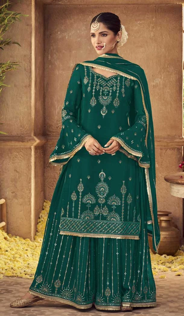 Teal Blue Color Fox Georgette Heavy Embroidery Party Wear Palazzo Salwar Suit -4822157828