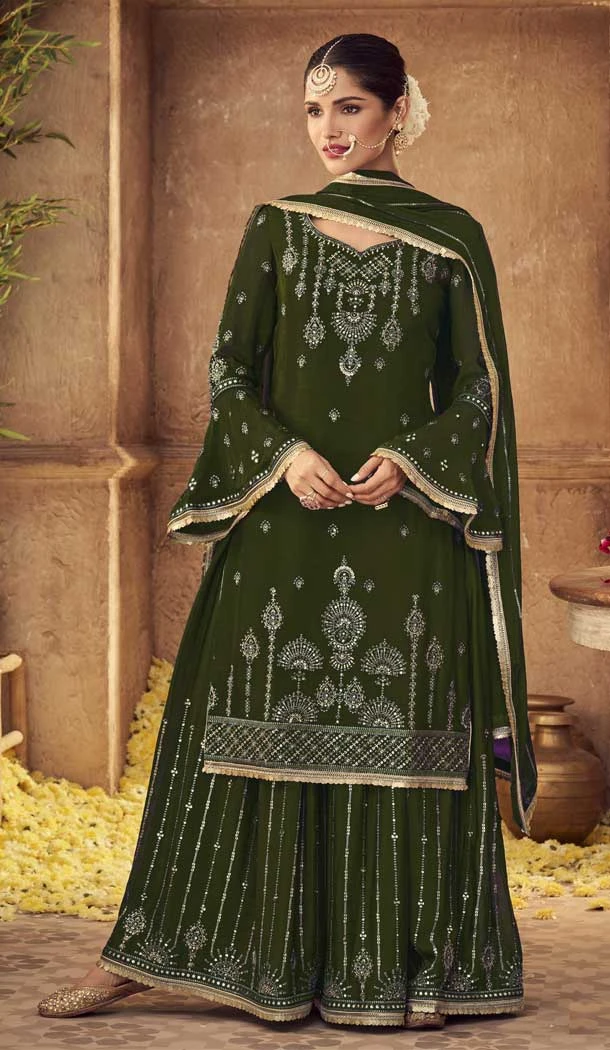 Mehndi Green Color Fox Georgette Heavy Embroidery Party Wear Palazzo Salwar Suit -4822157829