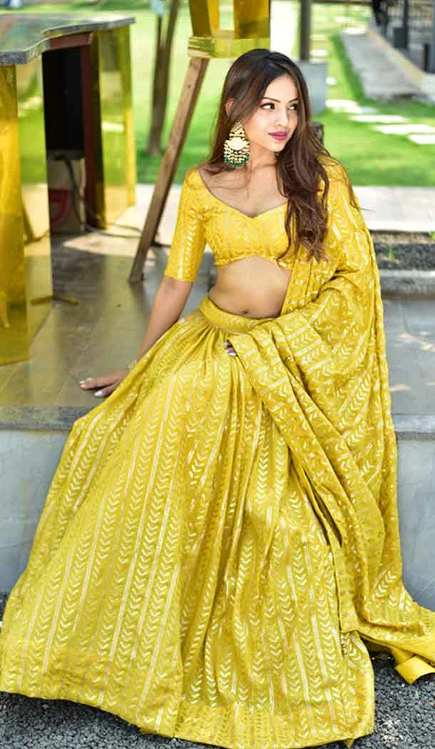 Yellow Color Georgette Sequins Embroidery Work Plus Size Women Lehenga Choli -4839157945
