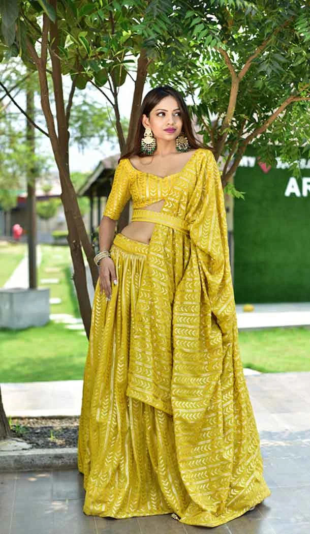 Yellow Color Georgette Sequins Embroidery Work Plus Size Women Lehenga Choli -4839157945