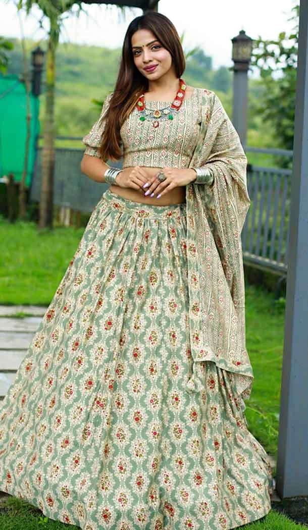 Grey Color Chanderi Cotton Printed With Foil Work Plus Size Women Lehenga Choli -4839157946