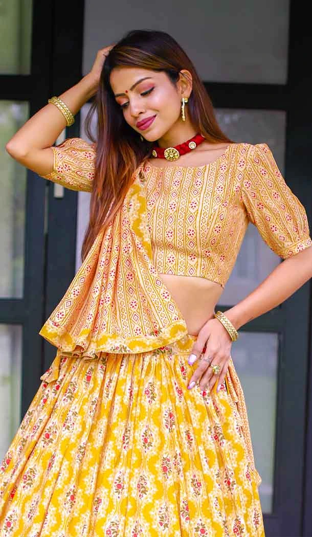 Mustard Color Chanderi Cotton Printed With Foil Work Plus Size Women Lehenga Choli -4839157947