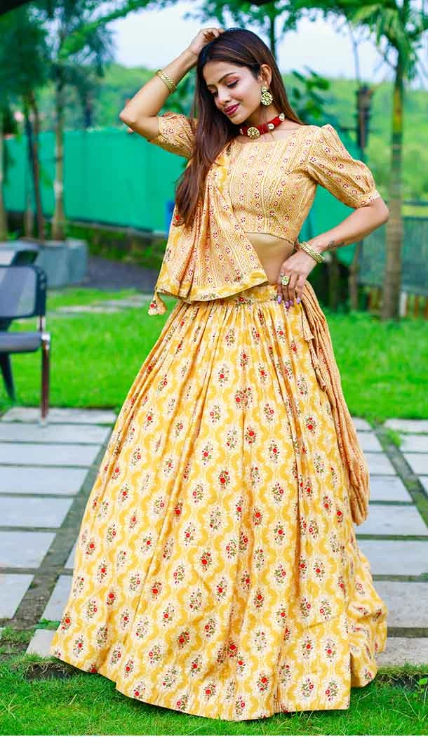 Mustard Color Chanderi Cotton Printed With Foil Work Plus Size Women Lehenga Choli -4839157947