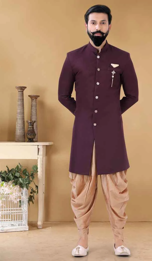Crape Wine Color Self Work Designer Readmade Mens wear Sharwani -4840157949
