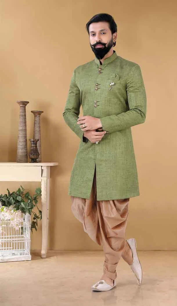 Linen Silk Green Color Self Work Designer Readmade Mens wear Sharwani -4840157950