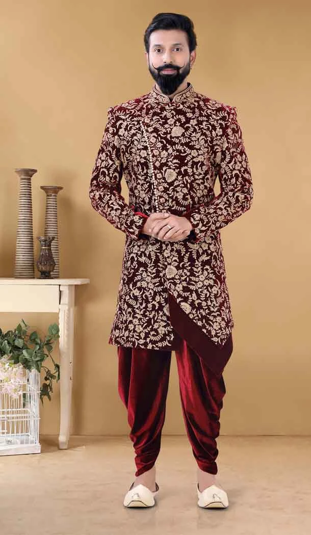 Velvet Maroon Color Embroidery Work Designer Readmade Mens wear Sharwani -4840157952