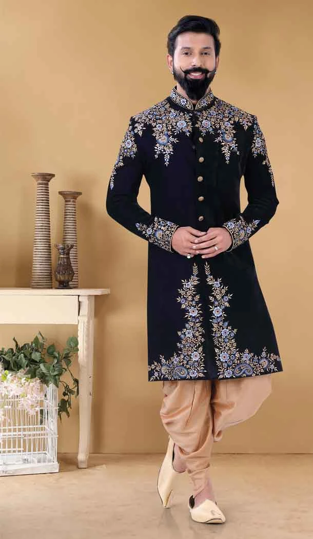 Velvet Navy Blue Color Embroidery Work Designer Readmade Mens wear Sharwani -4840157955