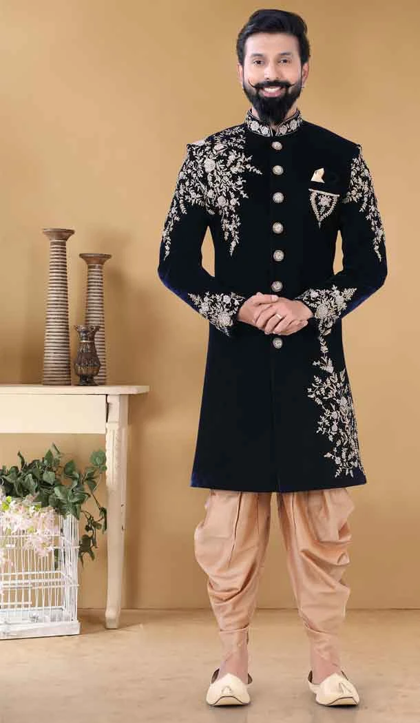 Velvet Navy Blue Color Hand Work Designer Readmade Mens wear Sharwani -4840157956