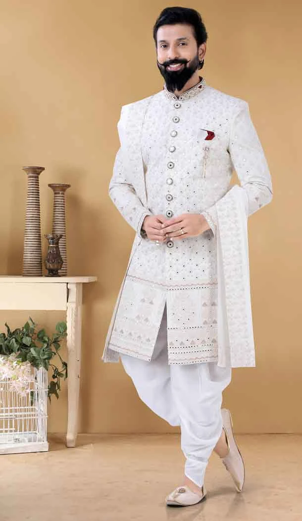 Art Silk Cream Color Hand Work Designer Readmade Mens wear Sharwani -4840157960