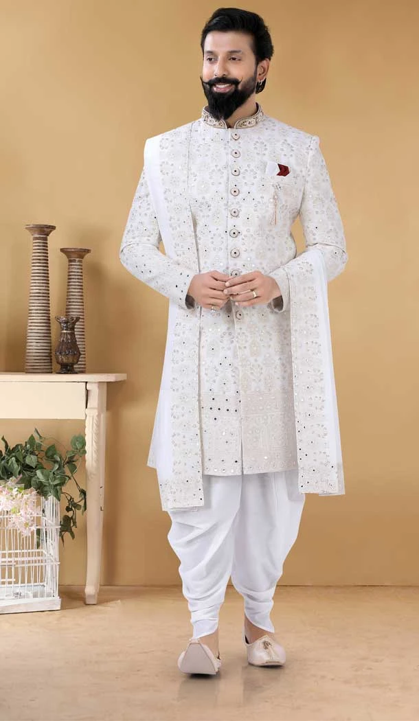 Cream Color Art Silk Hand Work Designer Readmade Mens wear Sharwani -4840157961