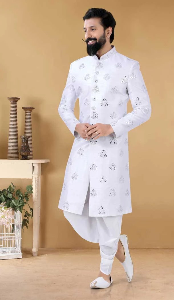 White Color Art Silk Hand Work Designer Readmade Mens wear Sharwani -4840157963