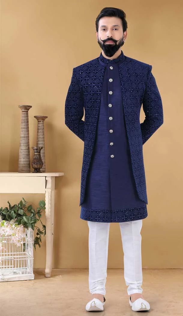 Navy Blue Color Art Silk Embroidery Work Designer Readmade Mens wear Sharwani -4840157965
