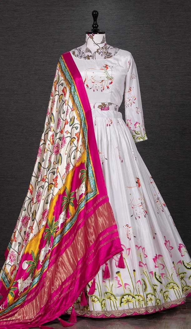 White Color Silk Printed With Gota Work Traditional Wear Lehenga Choli -4849158026
