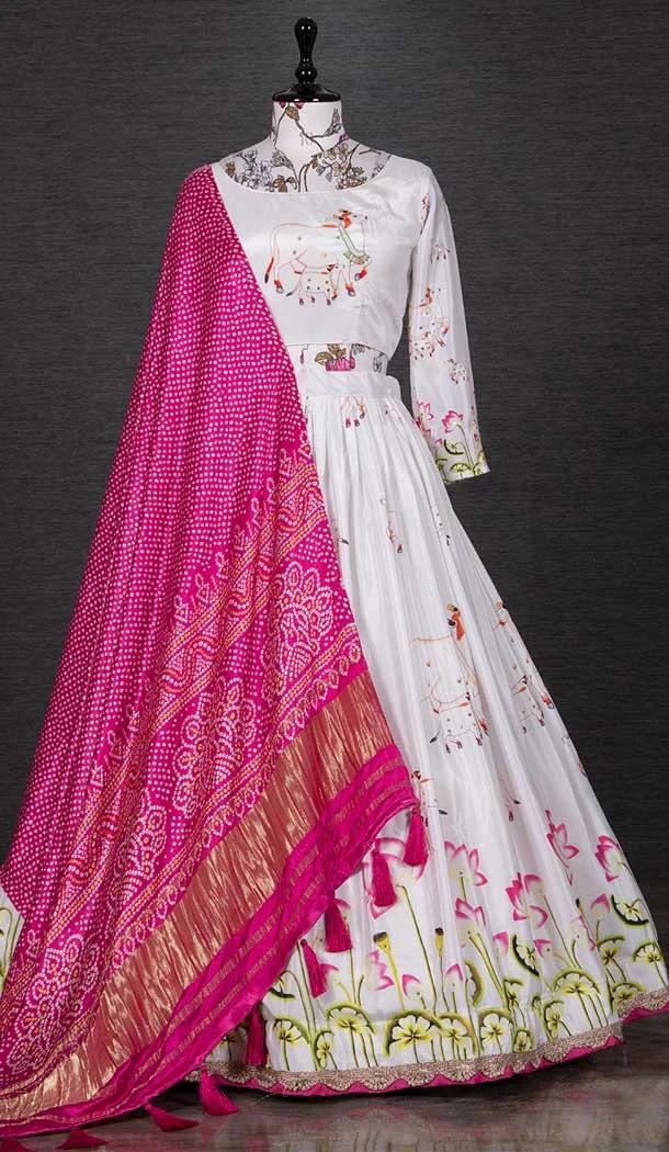 Chic Silk White Color Printed With Gota Work Traditional Wear Lehenga Choli -4849158027