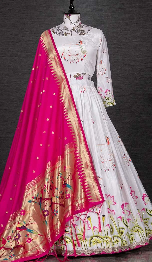 Splendorous White Color Silk Printed With Gota Work Traditional Wear Lehenga Choli -4849158028