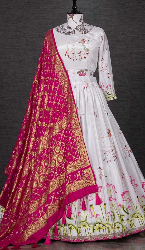 Exotic Printed With Gota Work White Color Silk Traditional Wear Lehenga Choli -4849158029