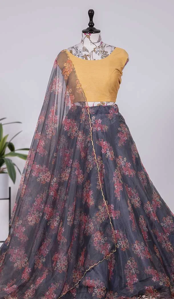 Grey Color Organza Floral Print Work Traditional Wear Lehenga Choli -4849158030