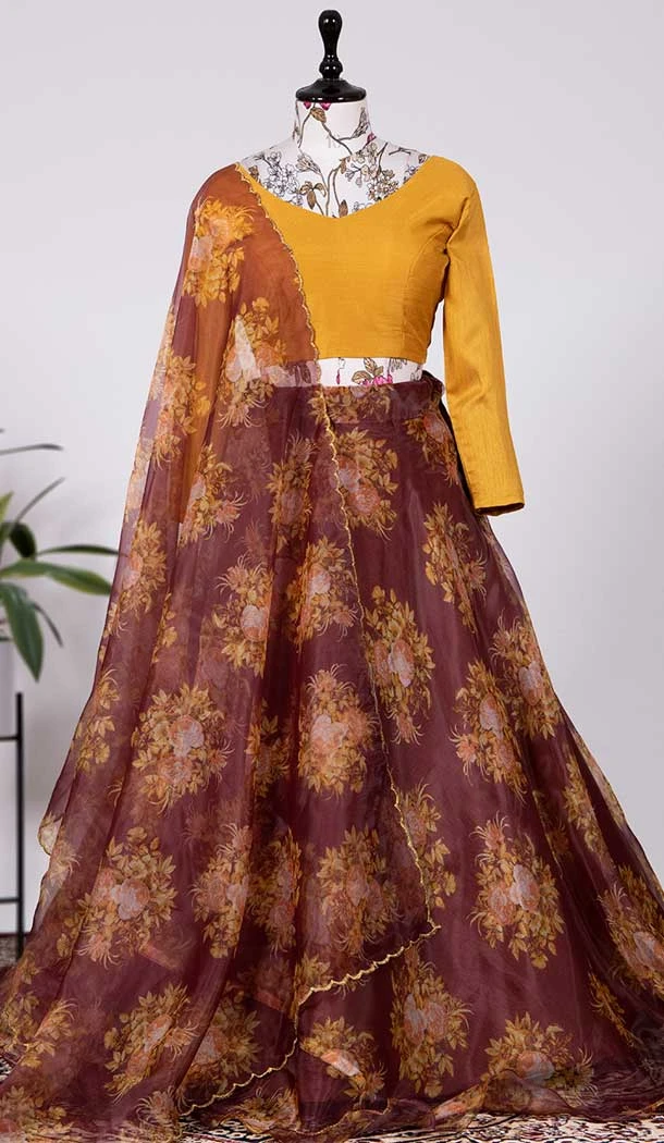 Ravishing Wine Color Organza Floral Print Work Traditional Wear Lehenga Choli -4849158031