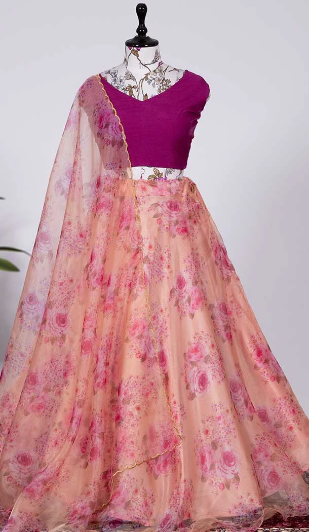 Elegant Peach Color Organza Floral Print Work Traditional Wear Lehenga Choli -4849158032
