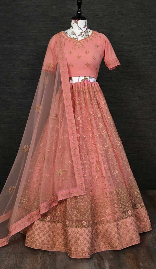 Captivating Peach Color Net Embroidery Work Traditional Wear Lehenga Choli -4849158034