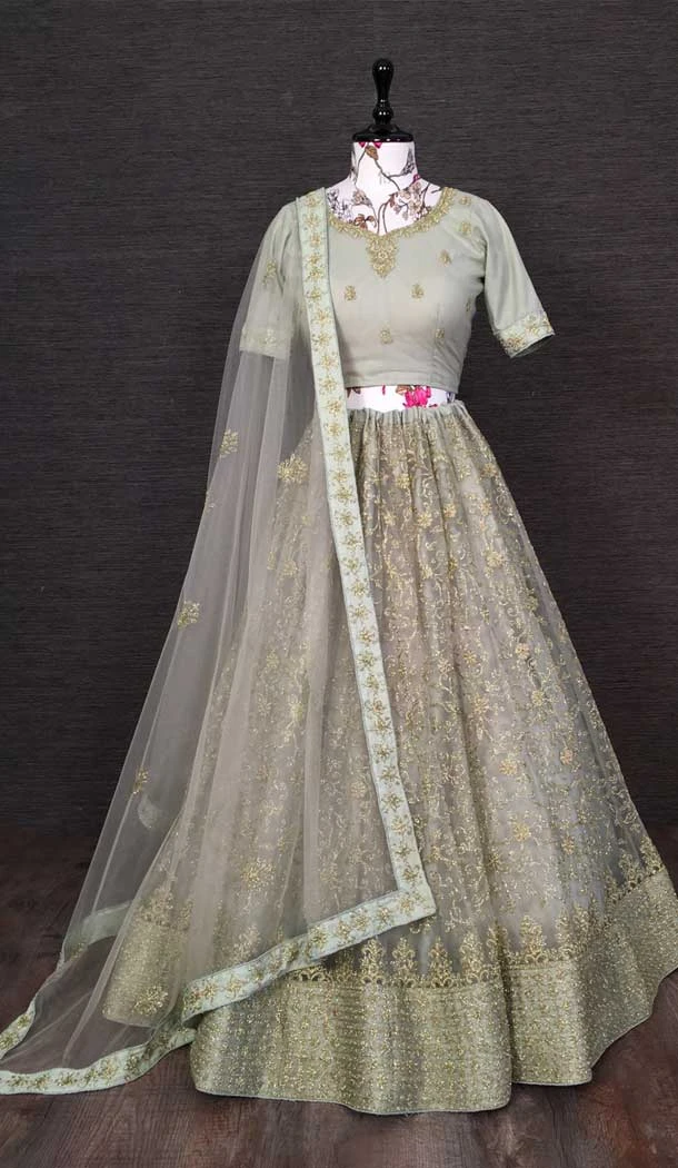 Captivating Lite Green Color Net Embroidery Work Traditional Wear Lehenga Choli -4849158035