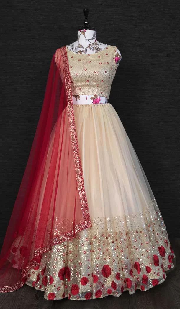 Cream Color Net Embroidery Sequins Work Traditional Wear Lehenga Choli -4849158026 -4849158036