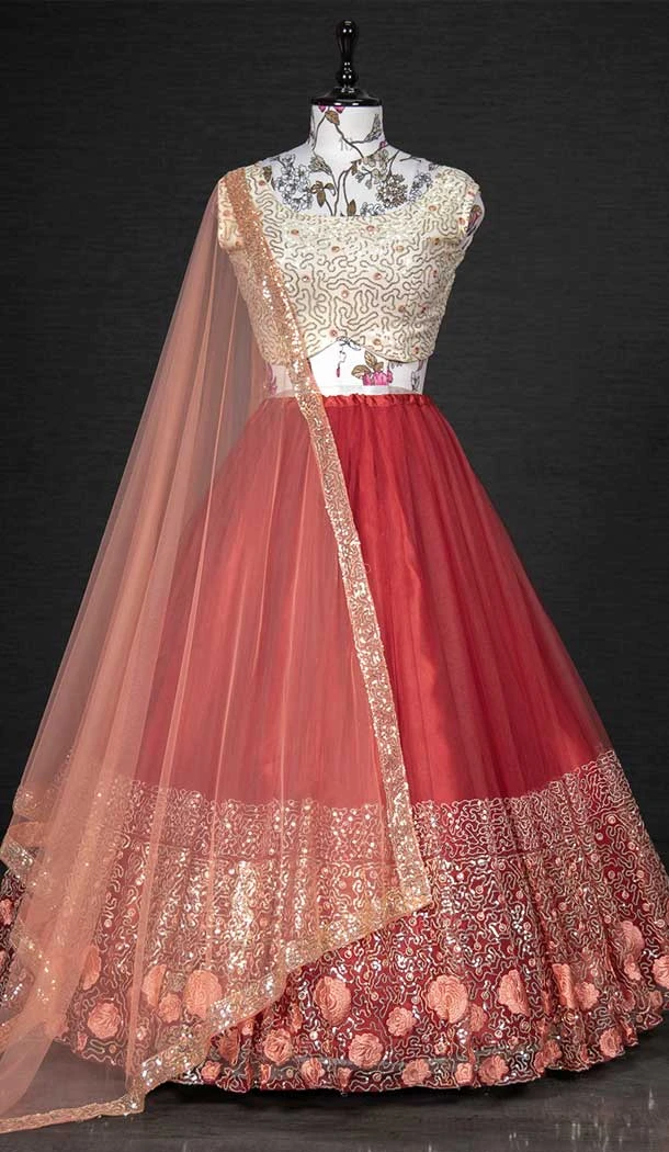 Luscious Net Red Color Embroidery Sequins Work Traditional Wear Lehenga Choli -4849158038