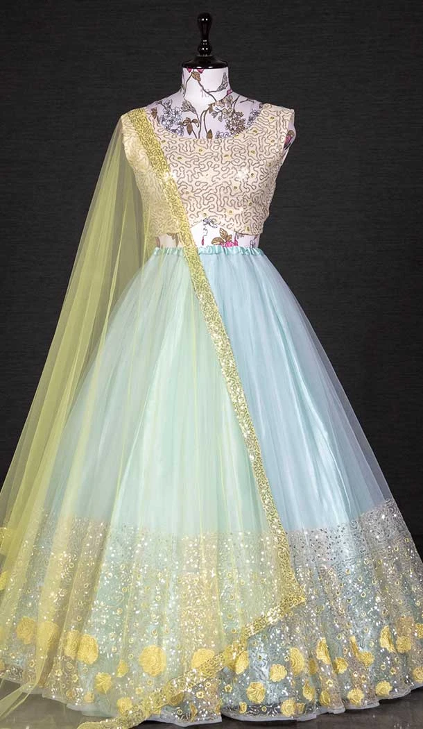 Net Sky Blue Color Embroidery Sequins Work Traditional Wear Lehenga Choli -4849158039