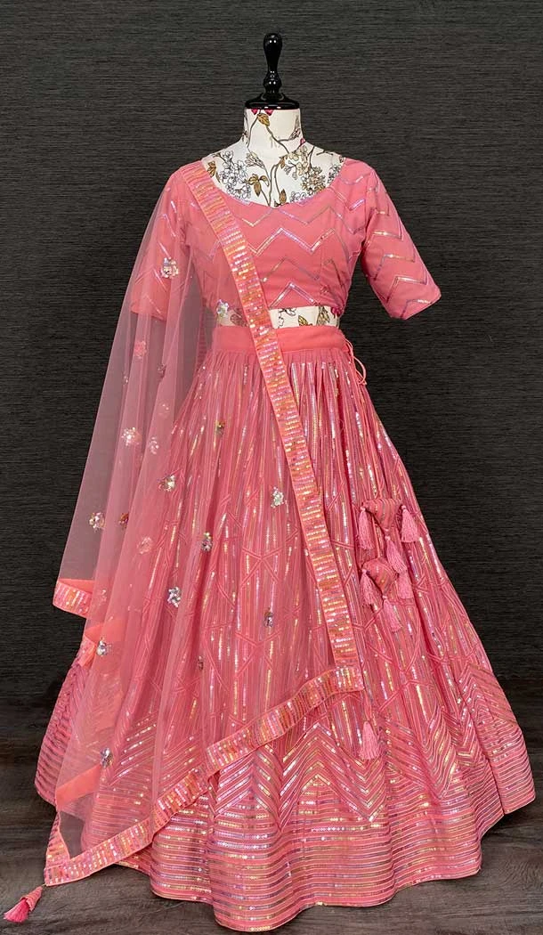 Lite Pink Color Georgette Embroidery Sequins Work Traditional Wear Lehenga Choli -4849158040